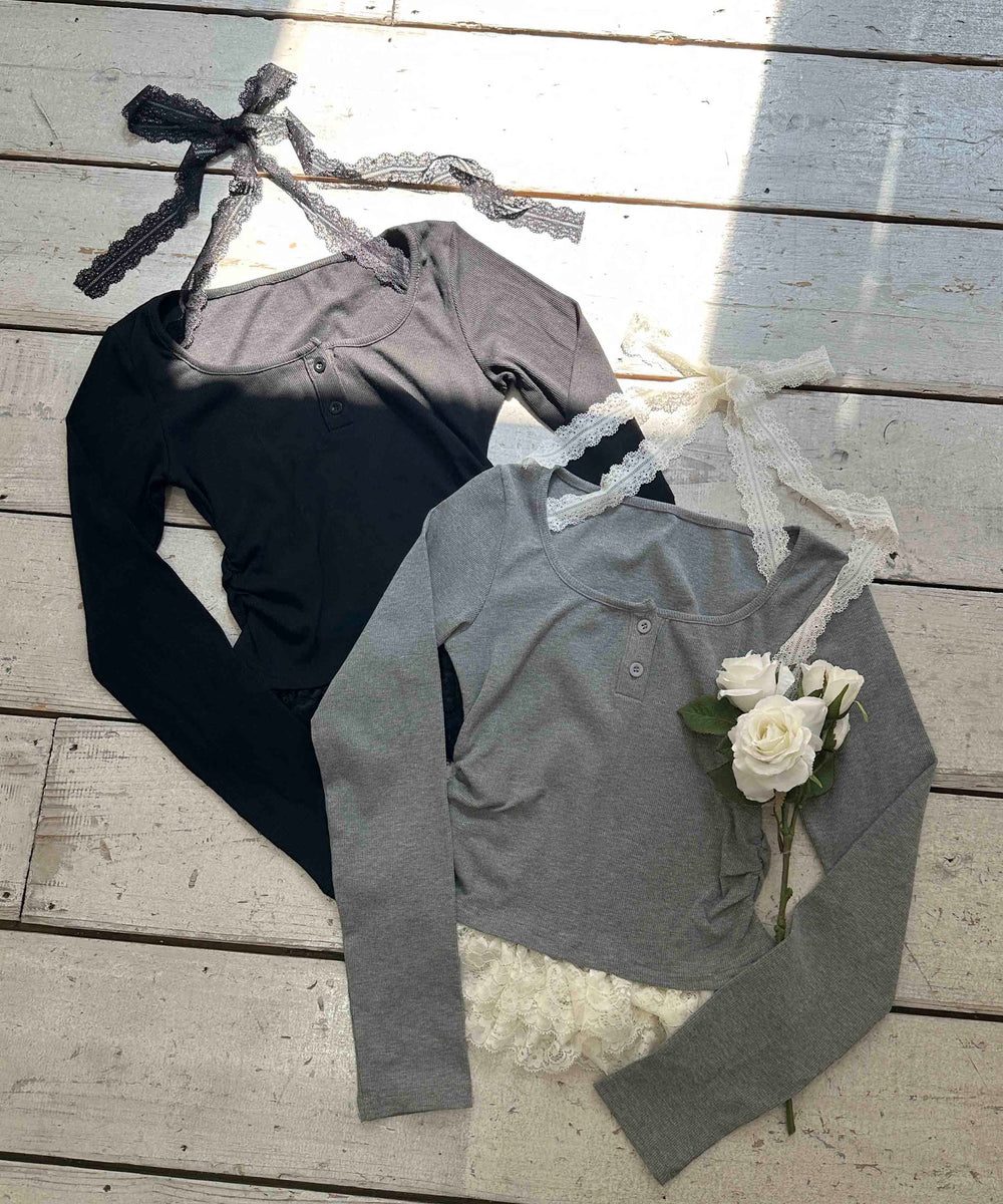 レースチョーカー長袖ドッキングトップス