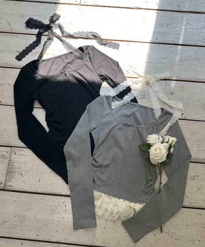 レースチョーカー長袖ドッキングトップス