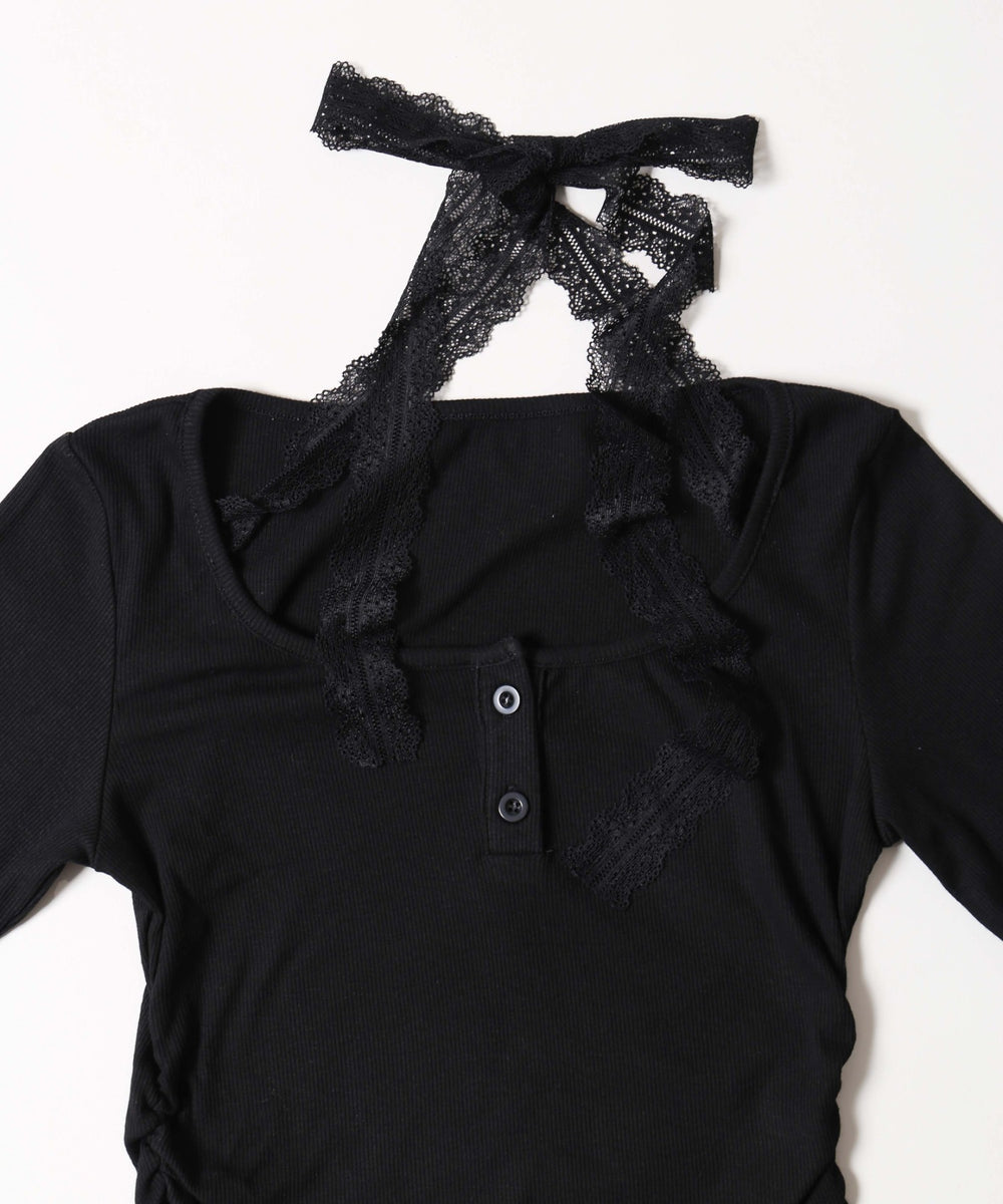 レースチョーカー長袖ドッキングトップス