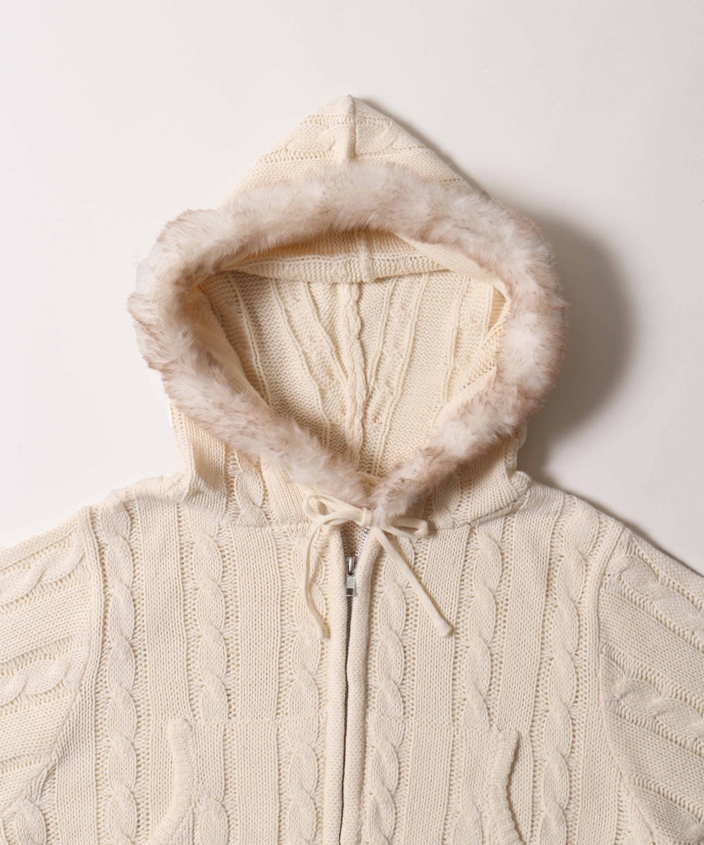 フェイクファーフードケーブルパーカー