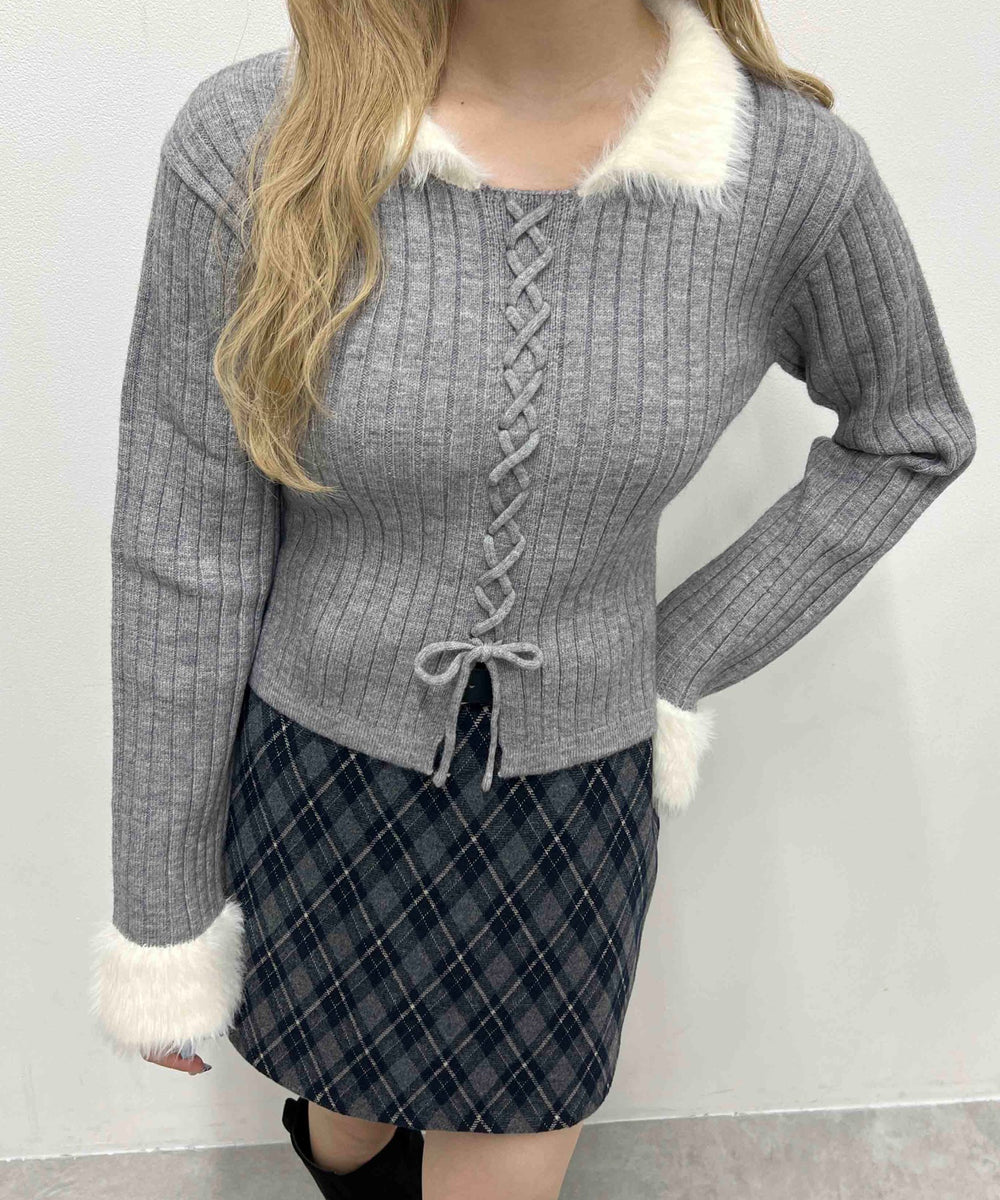 バイカラーレースアップデザインニット