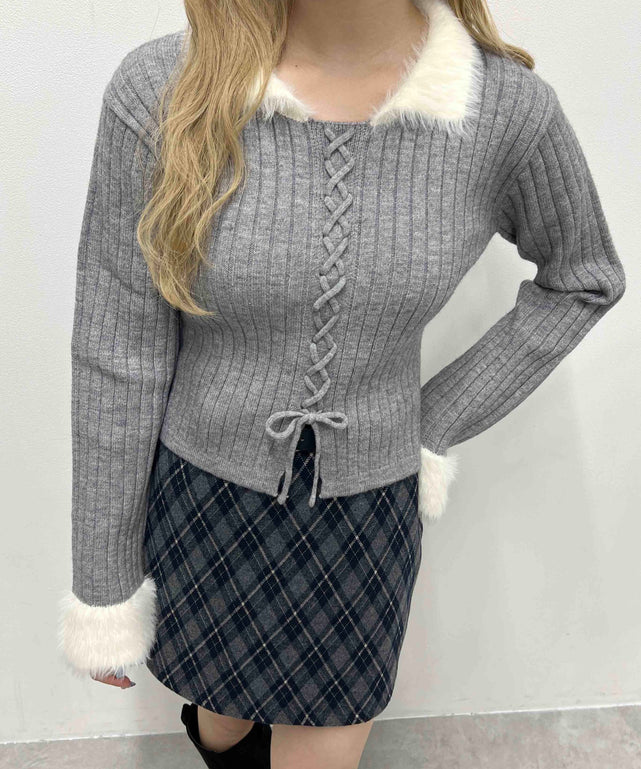 バイカラーレースアップデザインニット