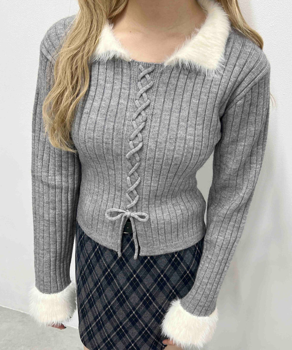 バイカラーレースアップデザインニット