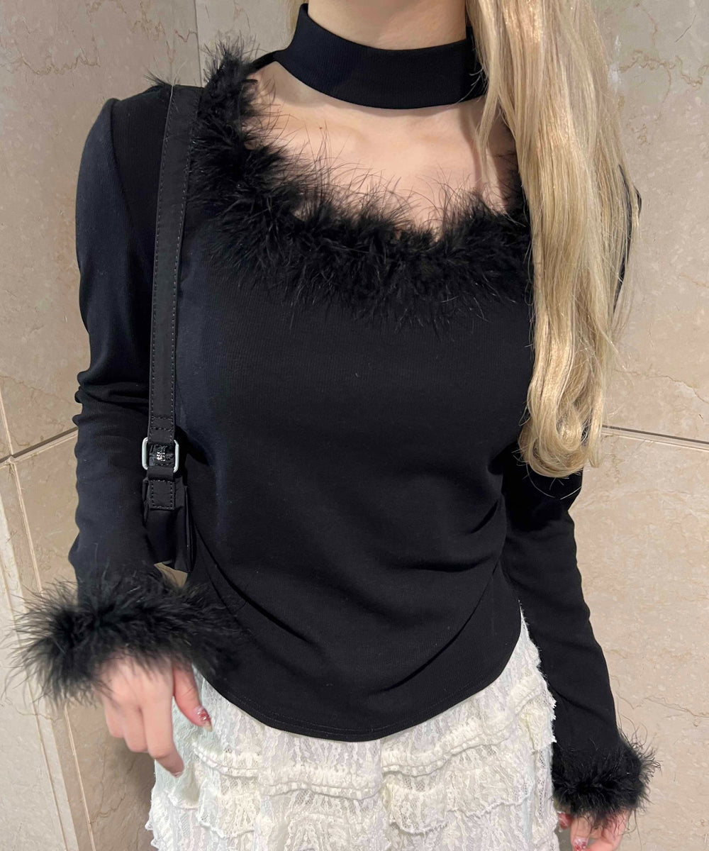 フェイクファーパイピングトップス