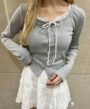 フリルネックリボンカーディガン