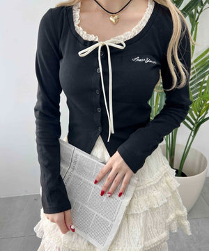 フリルネックリボンカーディガン