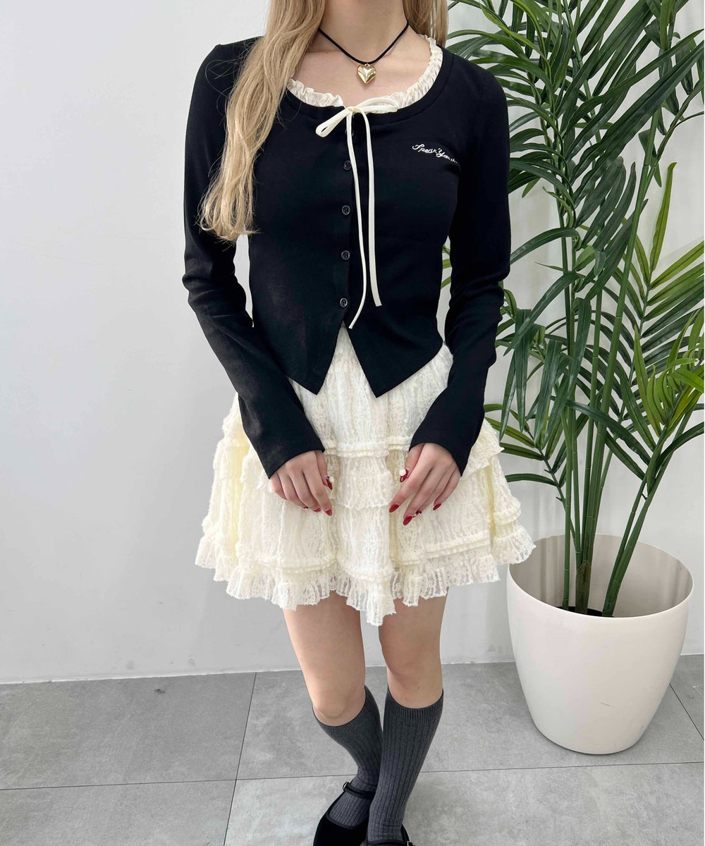 フリルネックリボンカーディガン
