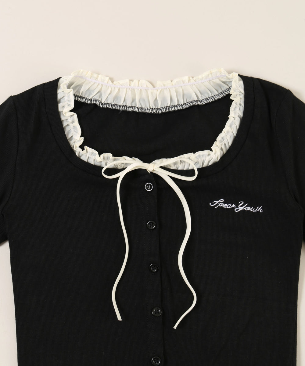 フリルネックリボンカーディガン