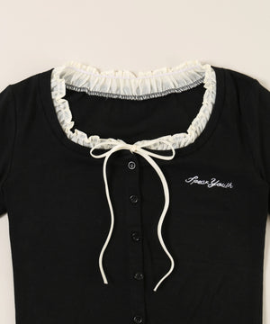 フリルネックリボンカーディガン