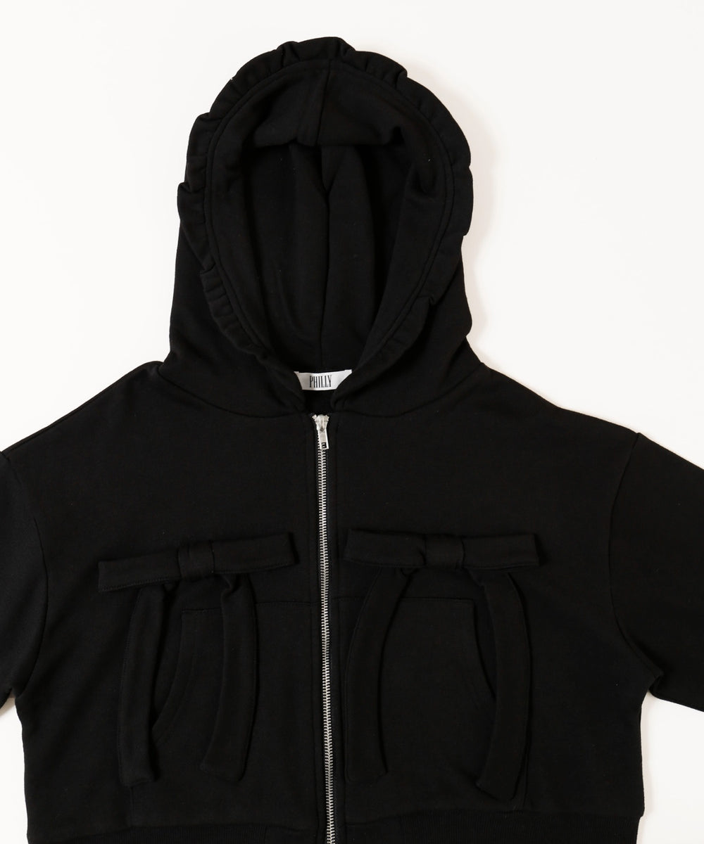 フリルフードリボンジップパーカー