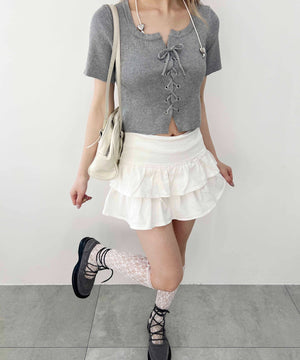 レースアップ半袖トップス