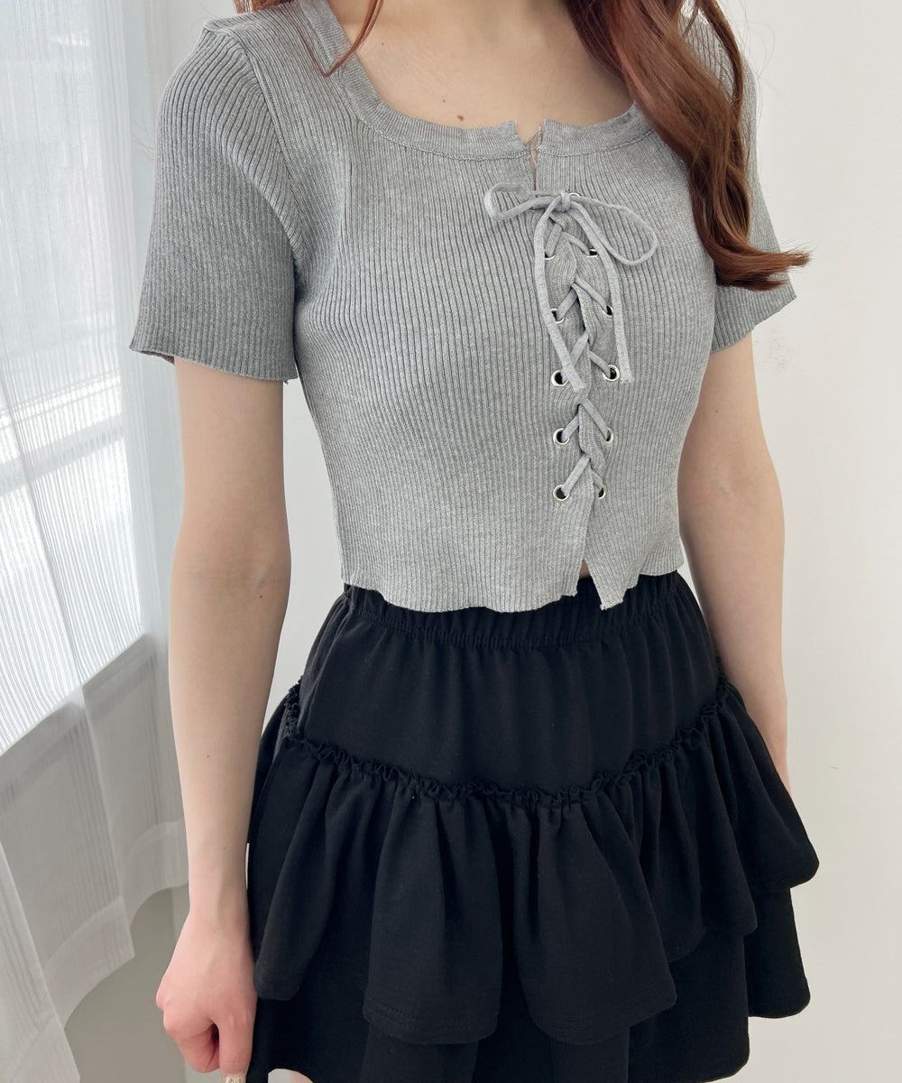 レースアップ半袖トップス
