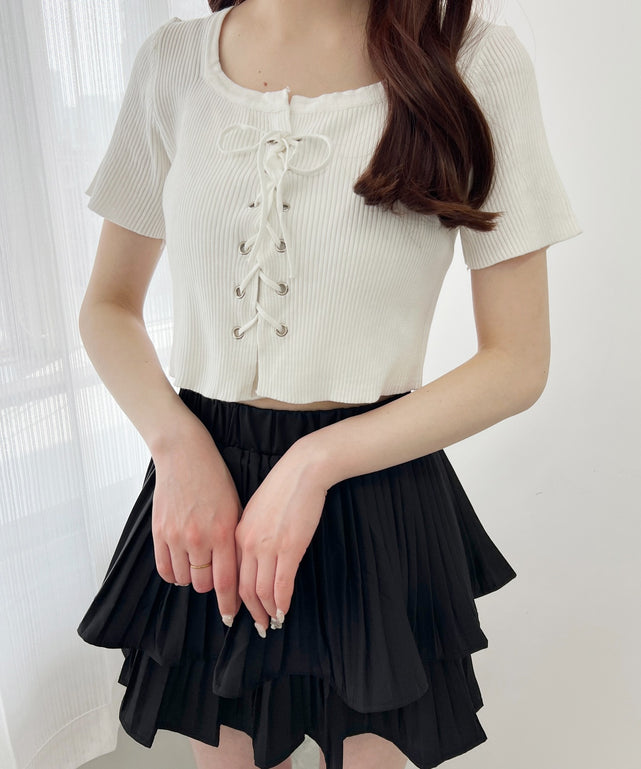 レースアップ半袖トップス