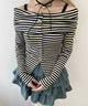 ボーダーオフショルトップス/ブラック モデル：160㎝ F着用