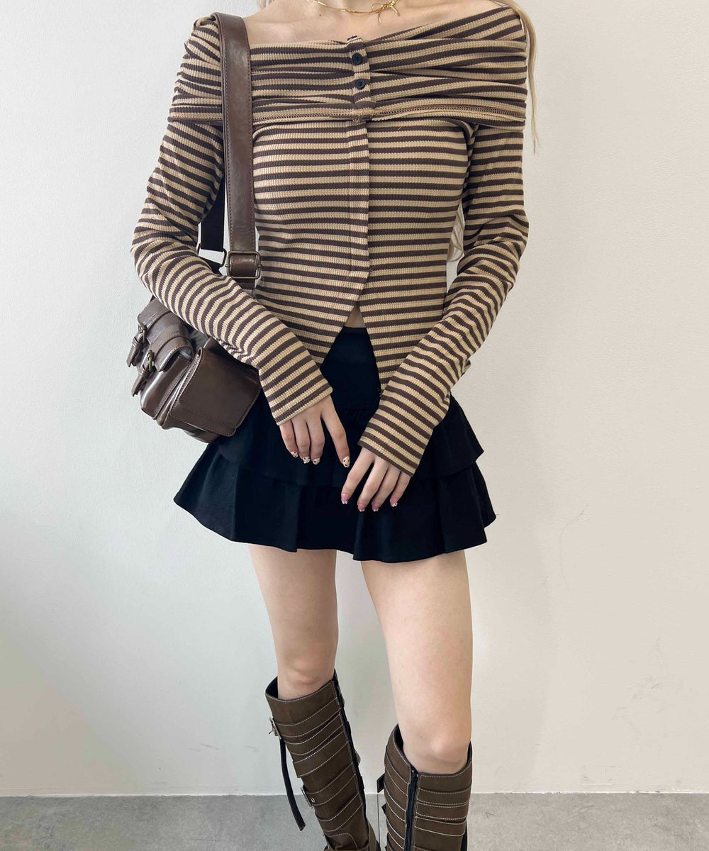 ボーダーオフショルトップス