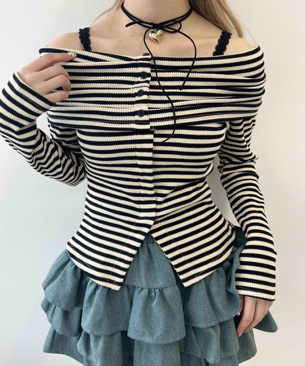 ボーダーオフショルトップス