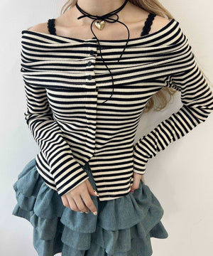 ボーダーオフショルトップス