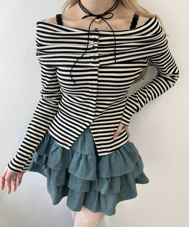 ボーダーオフショルトップス