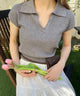 オープンカラーニットトップス/グレー モデル：160㎝ F着用