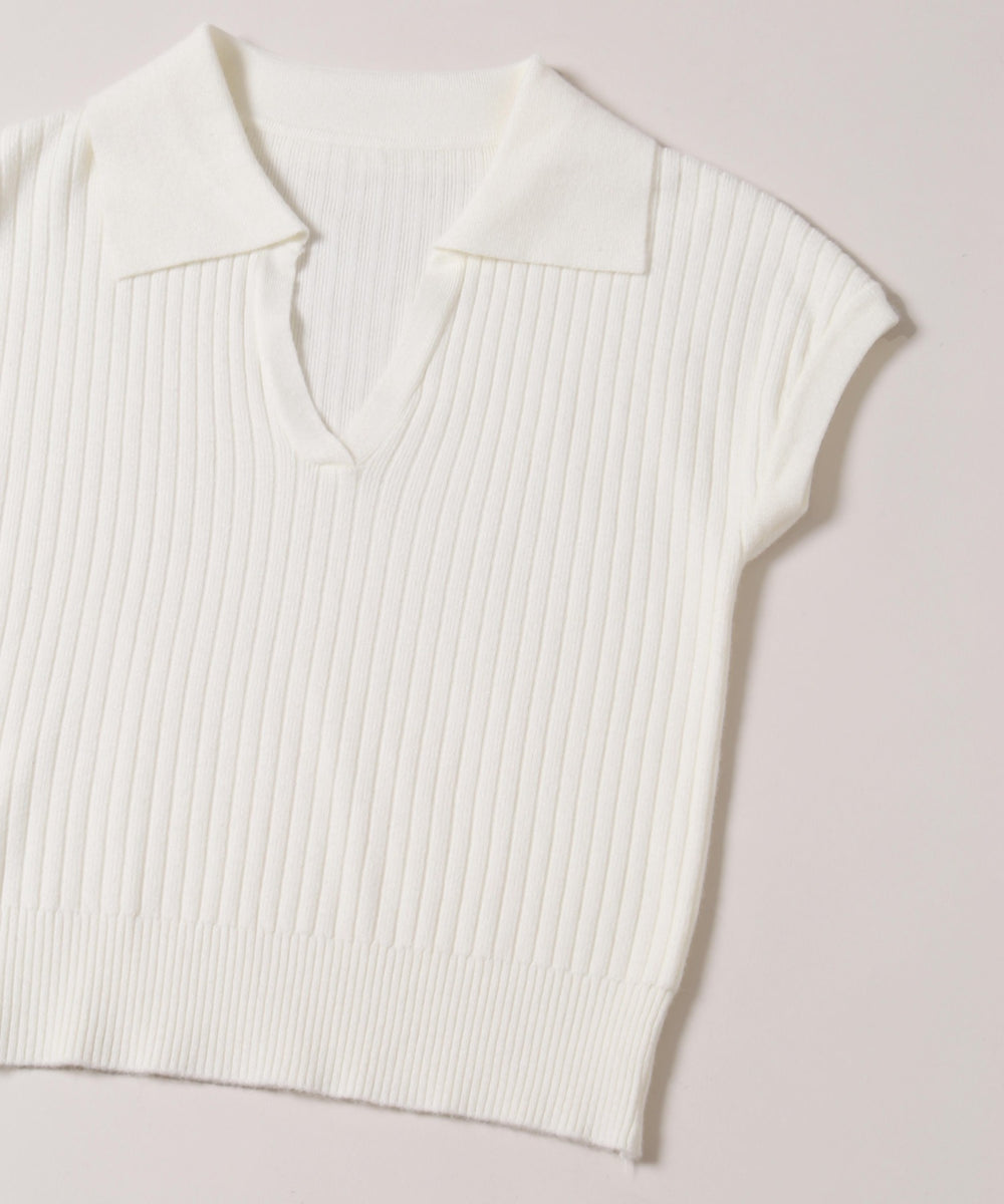 オープンカラーニットトップス