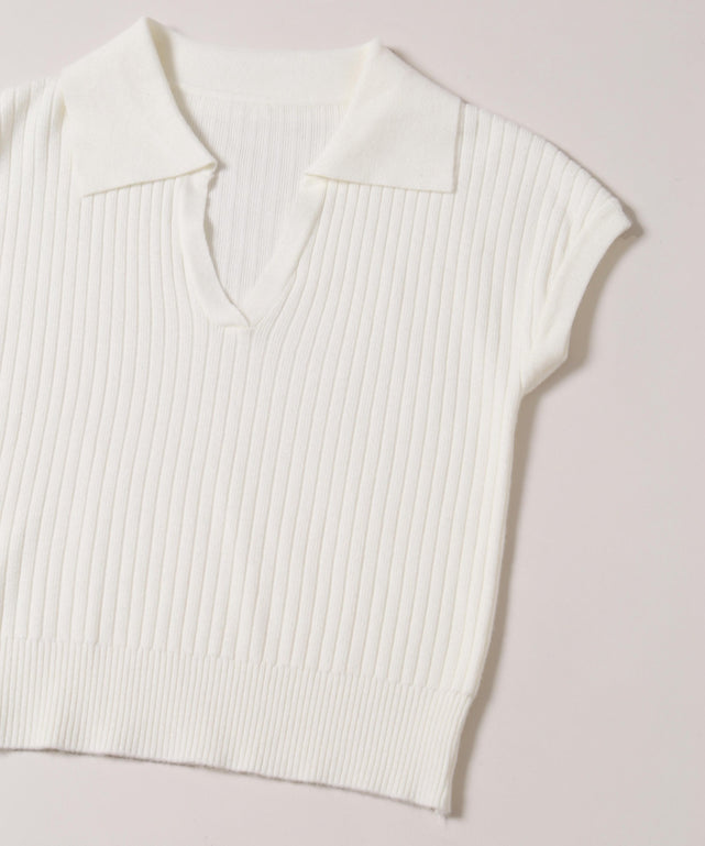 オープンカラーニットトップス