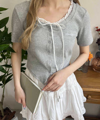 フリルネック半袖カーディガン