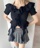 フリルイレヘムデザイントップス/ブラック モデル：160㎝ F着用