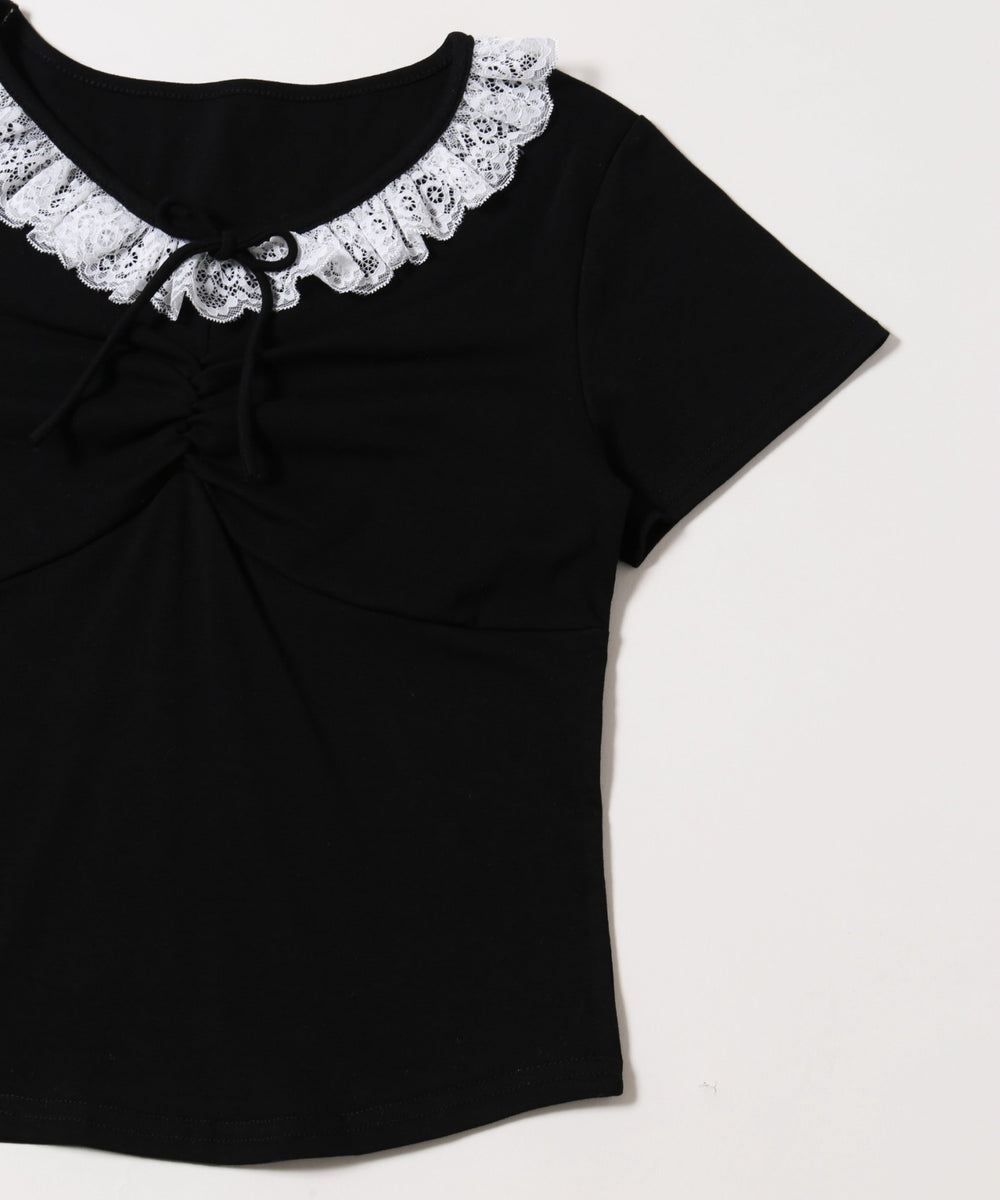 フロントギャザーレースネックTシャツ