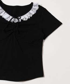 フロントギャザーレースネックTシャツ