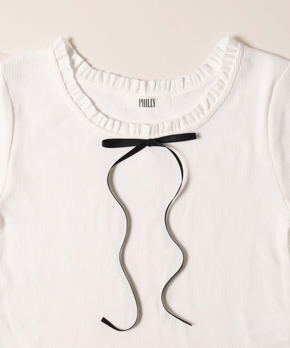 ロングリボンフリルリブTシャツ