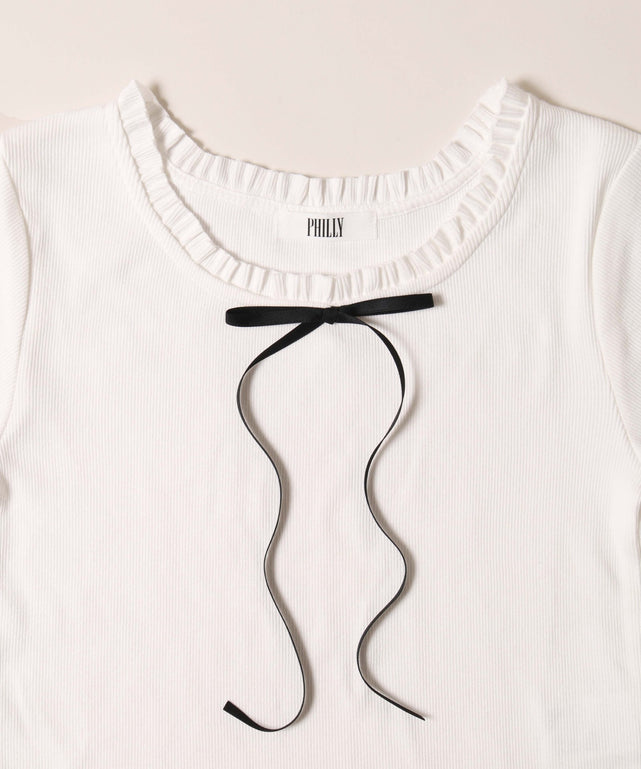 ロングリボンフリルリブTシャツ