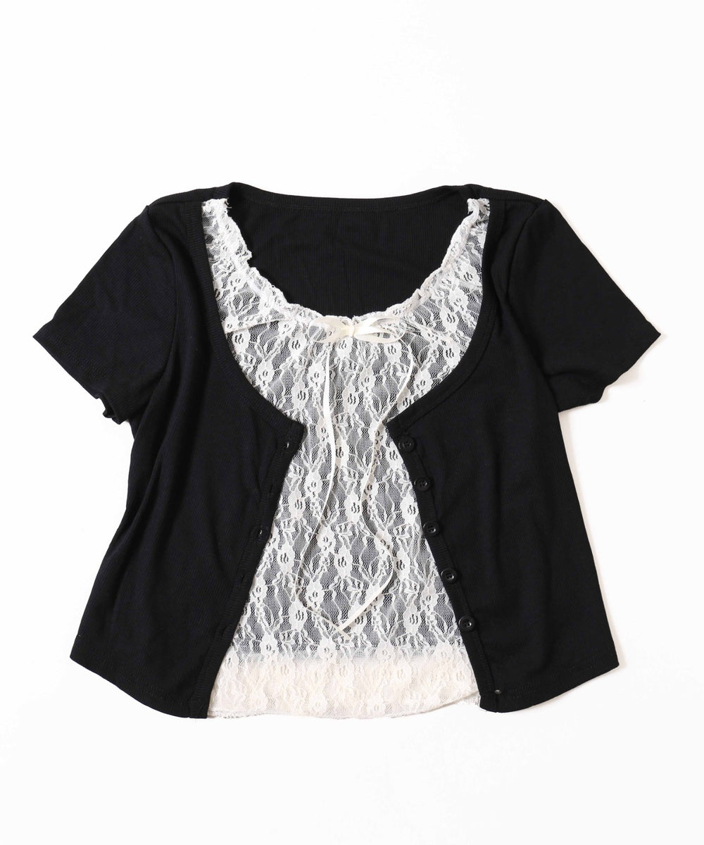 レースレイヤードフェイクカーディガン