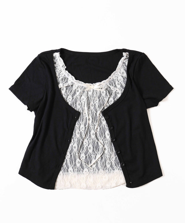 レースレイヤードフェイクカーディガン