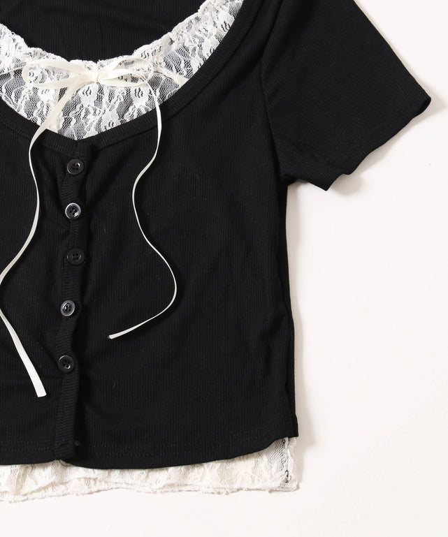 レースレイヤードフェイクカーディガン