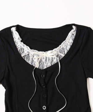 レースレイヤードフェイクカーディガン