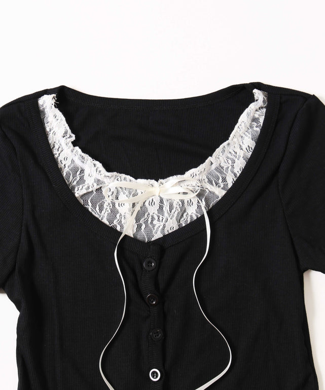 レースレイヤードフェイクカーディガン