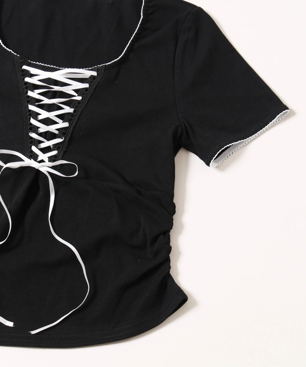 リボンレースアップTシャツ