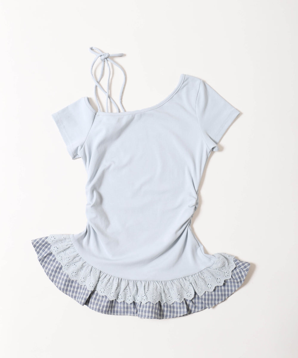 レースヘムショルダーリボントップス