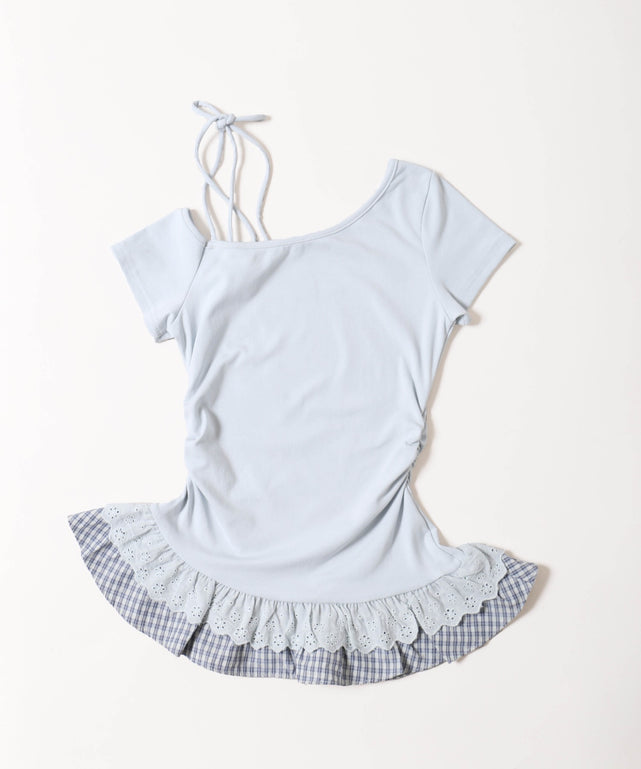 レースヘムショルダーリボントップス