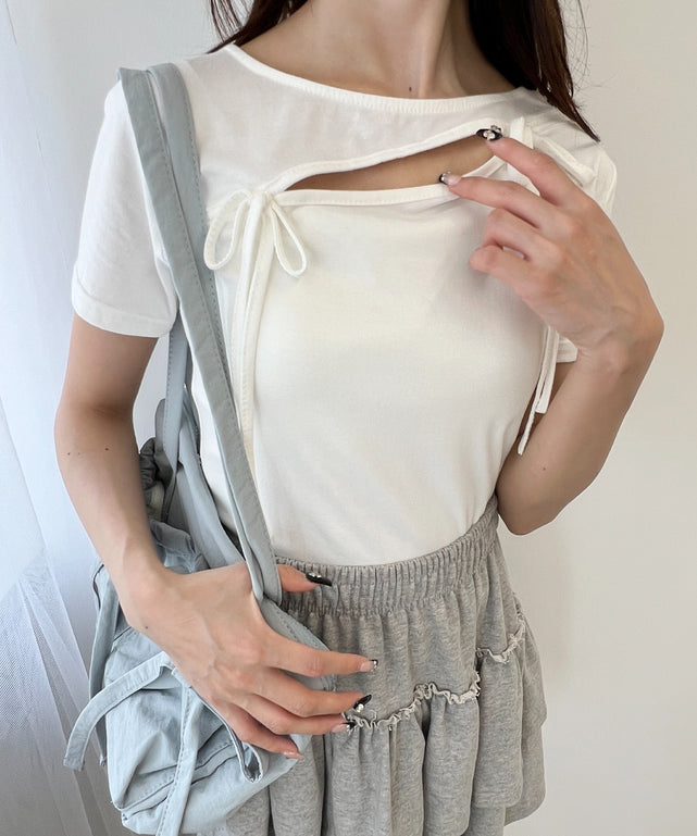 カットアウトWリボンTシャツ