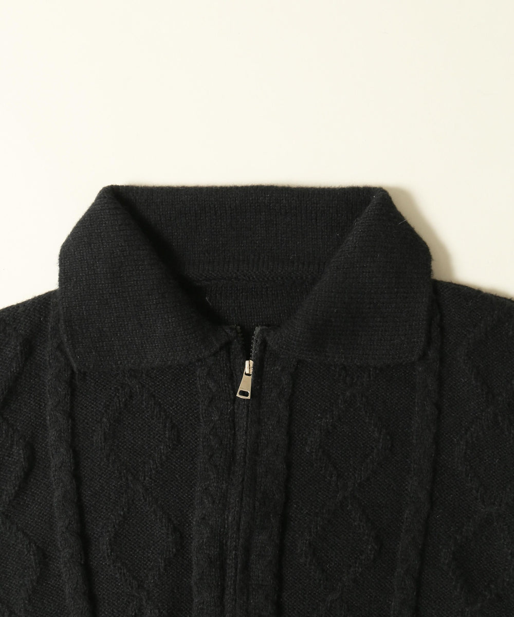 Wジップ襟付きケーブルカーディガン