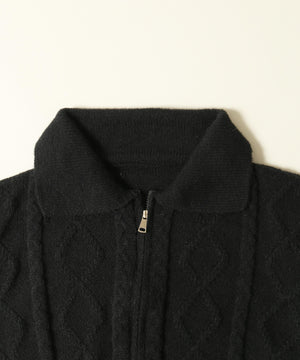 Wジップ襟付きケーブルカーディガン