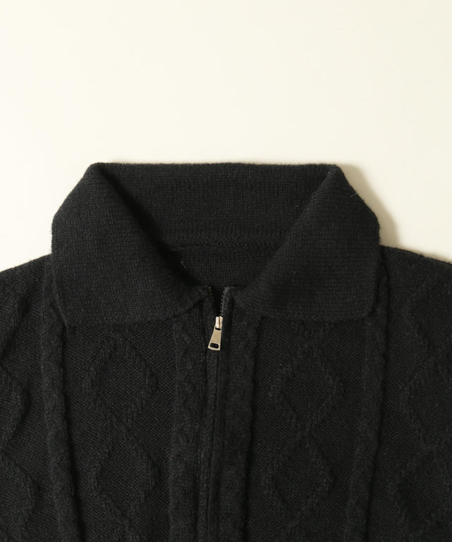 Wジップ襟付きケーブルカーディガン