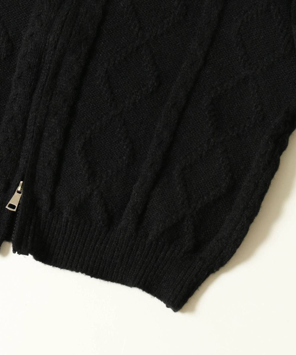 Wジップ襟付きケーブルカーディガン