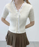 フリルネック半袖カーデ/ホワイトアイボリー モデル：160㎝ F着用
