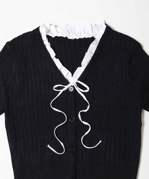 フリルネック半袖カーデ