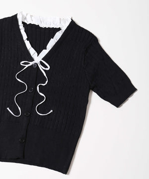 フリルネック半袖カーデ