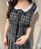 フリルノースリーブチェックブラウス/ブラック モデル：157㎝ F着用