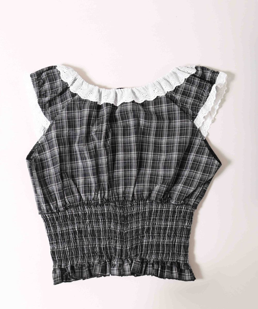 フリルノースリーブチェックブラウス