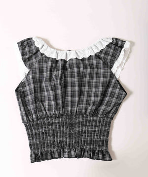 フリルノースリーブチェックブラウス